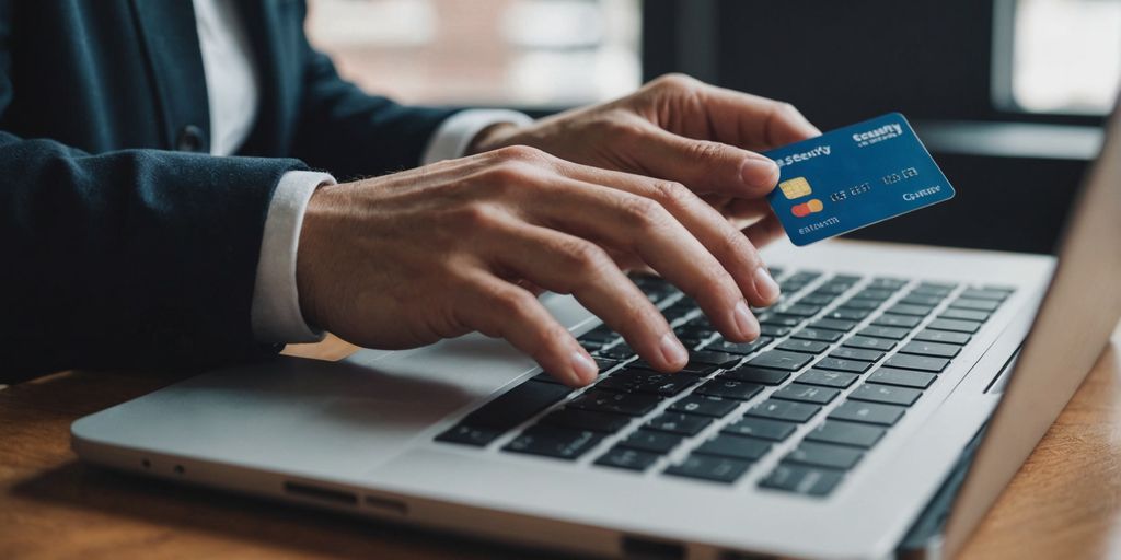 Person holding credit card typing on laptop