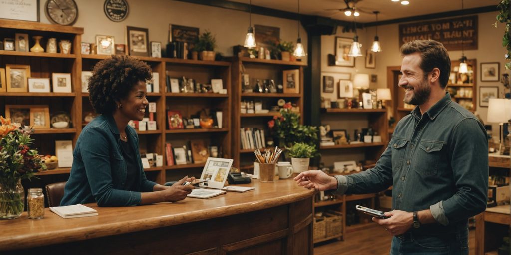 Small business owner with customers in a cozy store