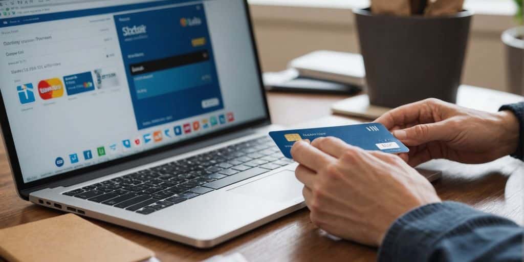 Person holding credit card using laptop