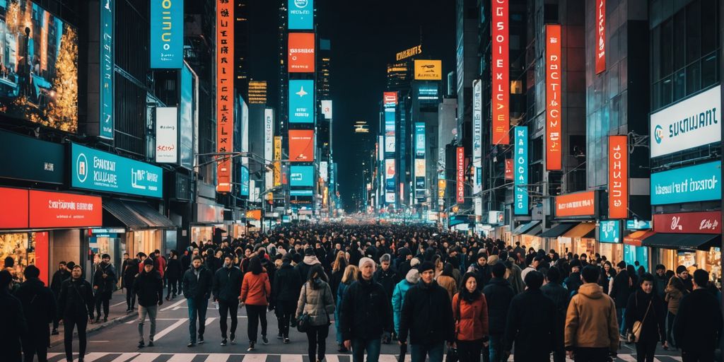 Night cityscape with vibrant lights and busy streets.