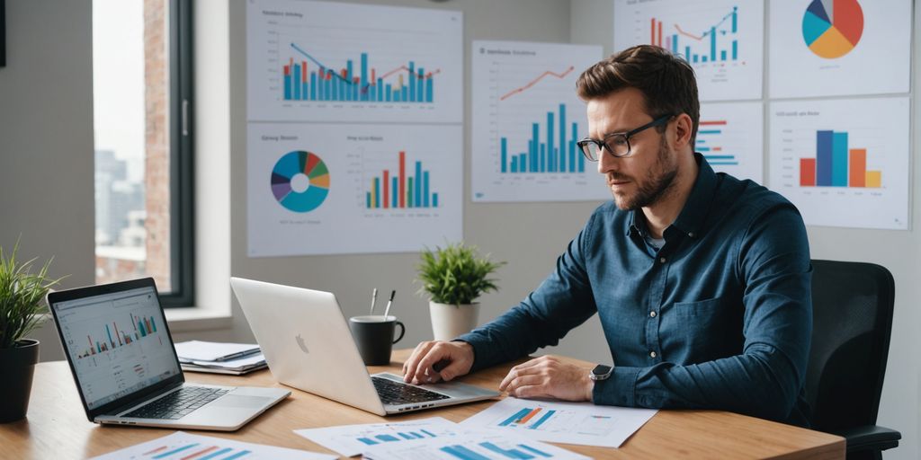 Person at desk with laptop and financial charts