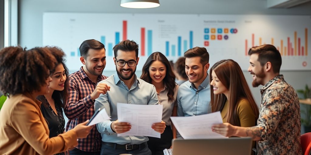 Entrepreneurs brainstorming in a modern office with growth charts.