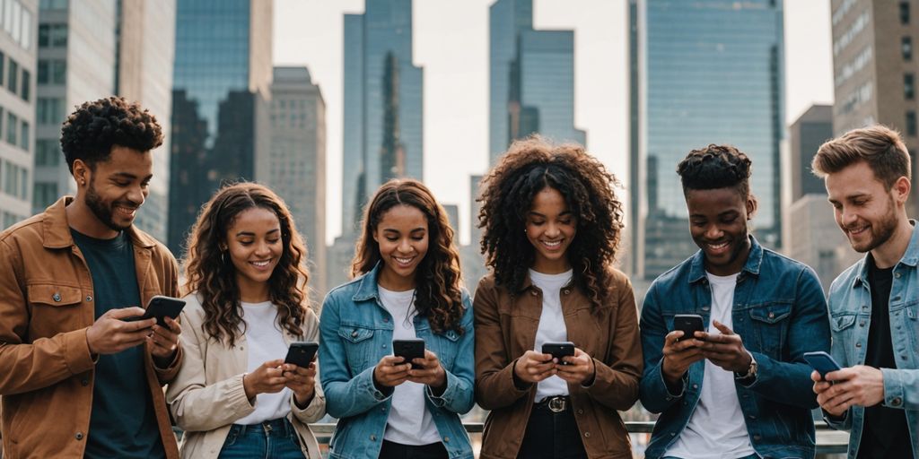 Young adults using smartphones in a city.