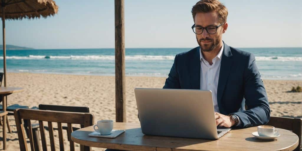 Businessperson working at beachside cafe