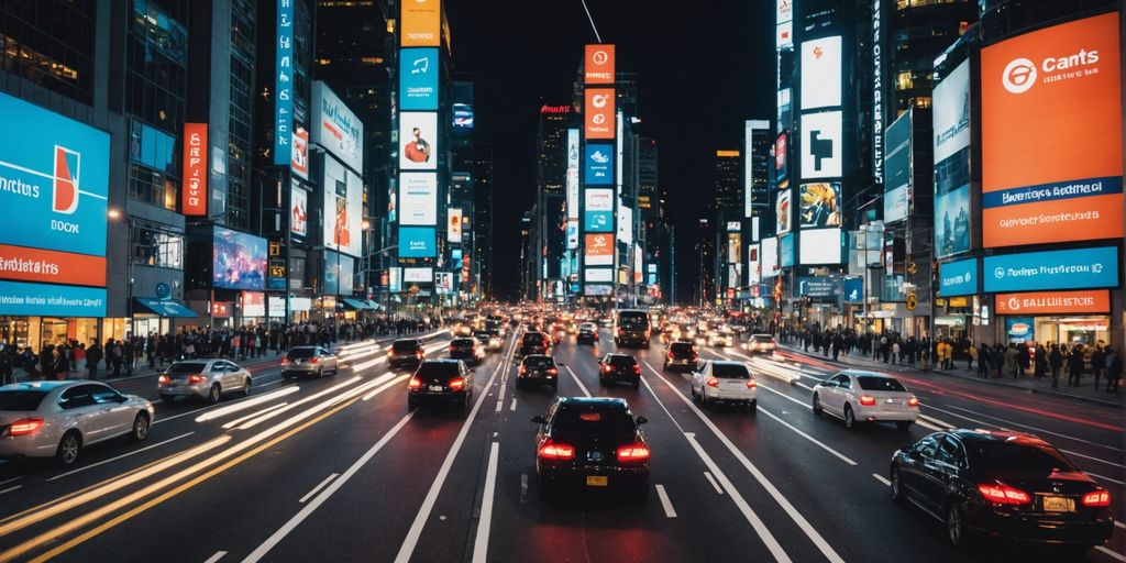 Night cityscape with bright lights and car motion