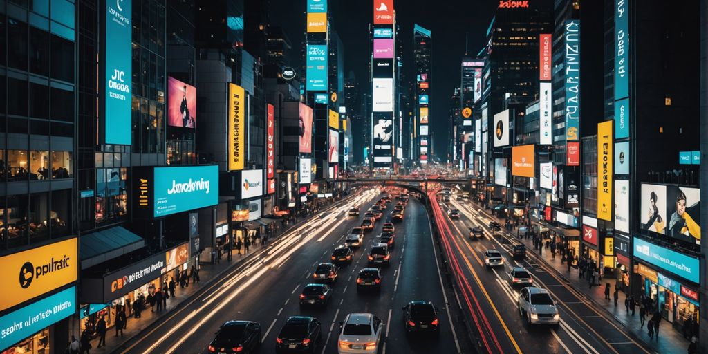 Cityscape at night with vibrant lights