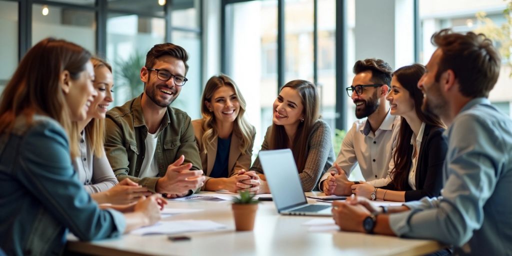 Diverse group in office, collaborating and smiling.