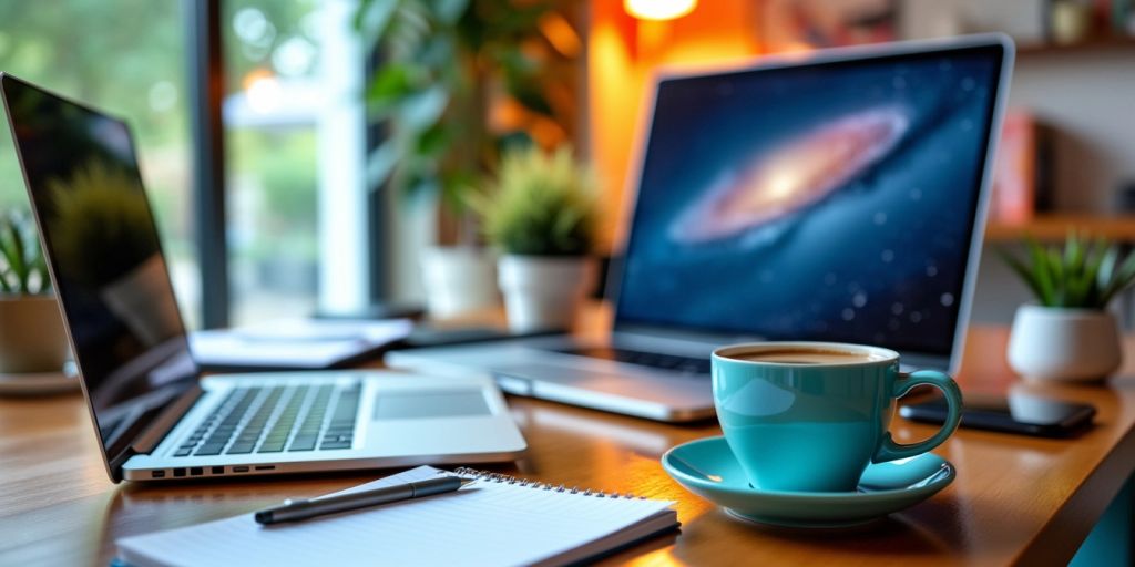 A modern workspace with a laptop and coffee.