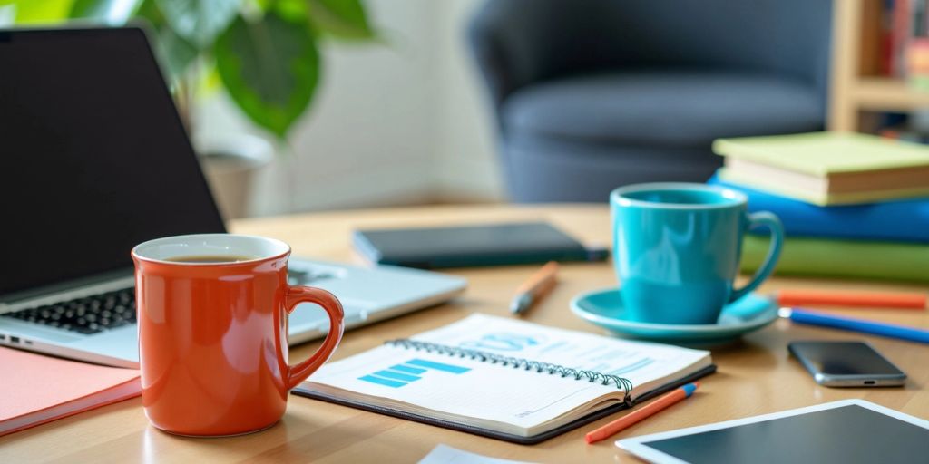 A workspace with a laptop and coffee cup.