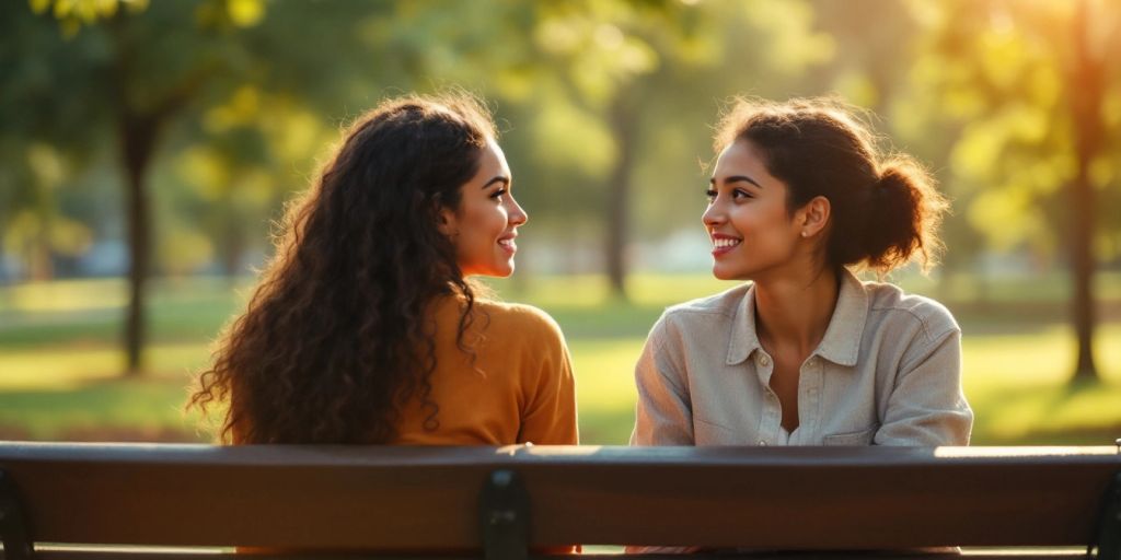 Two people talking on a bench in a park.