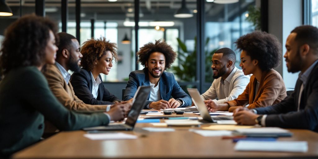 Business team collaborating in a modern office setting.