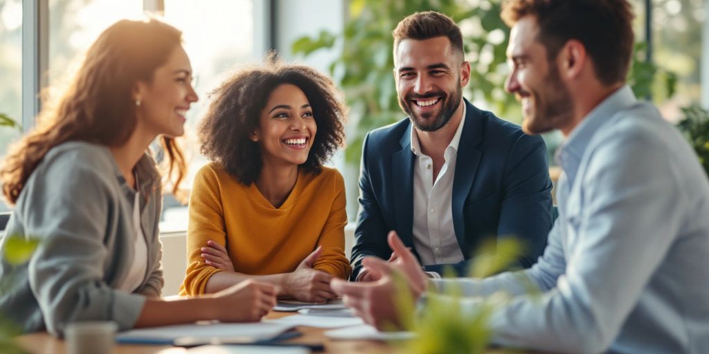 Group of professionals collaborating in a bright office.