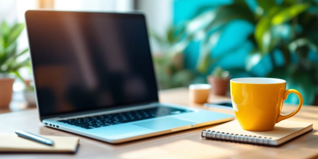 A workspace with a laptop and coffee cup.