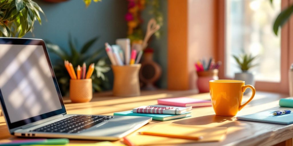 A laptop and coffee cup on a desk.