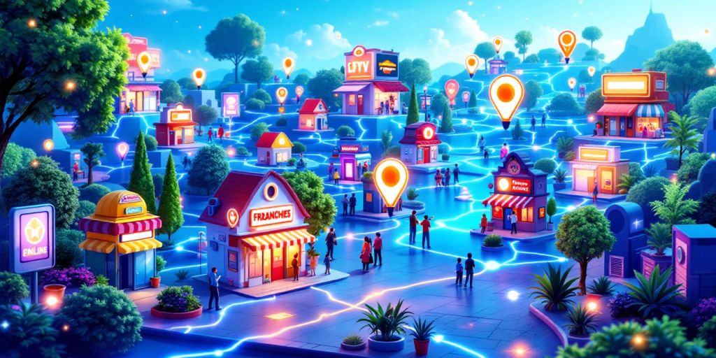 Franchise locations connected in a vibrant digital landscape.