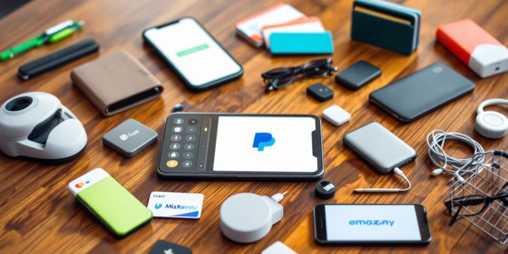 Various online payment methods on a wooden table.