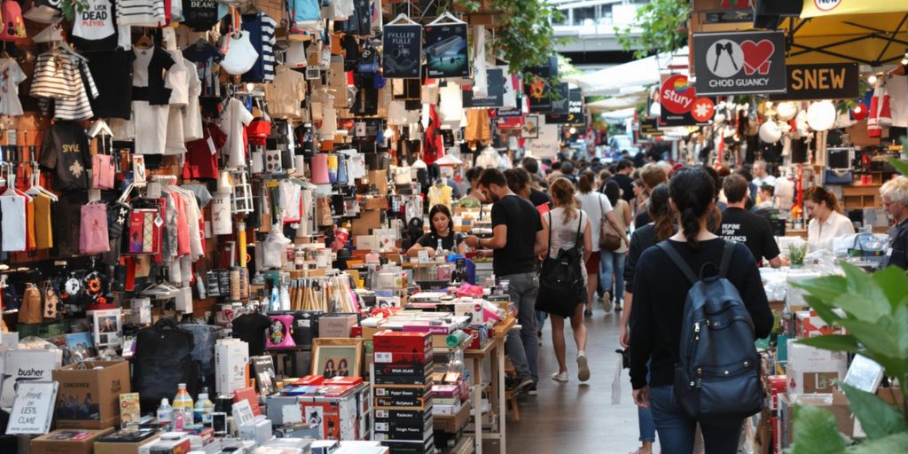 Colorful market with trendy products and shoppers.