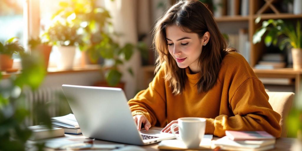 Student studying online business in a cozy study space.