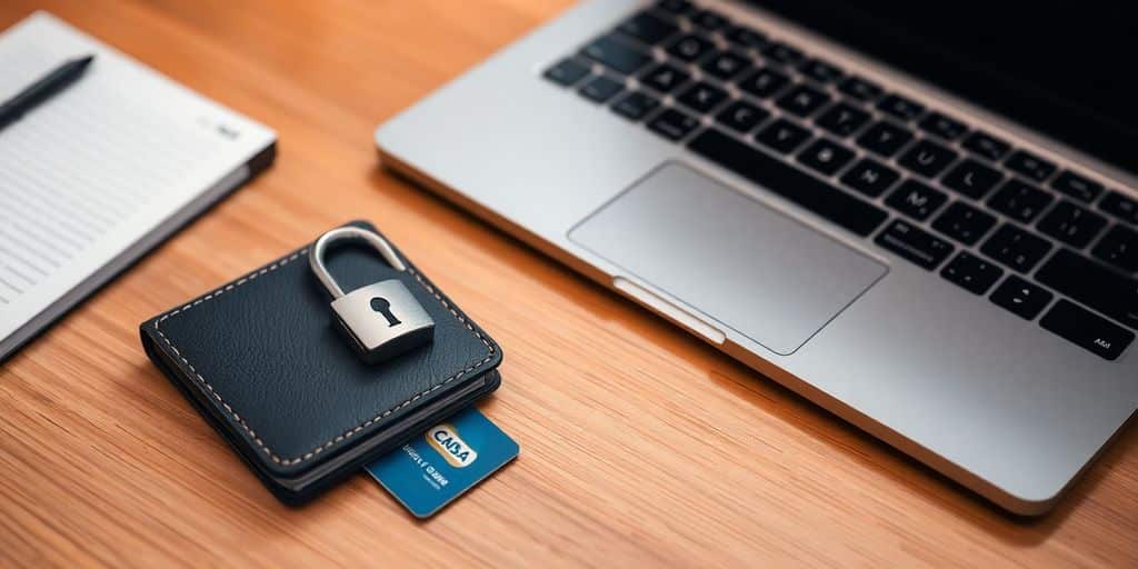 Digital wallet and secure lock on a wooden desk.