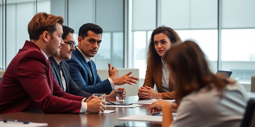 Diverse professionals discussing strategies in a conference room.