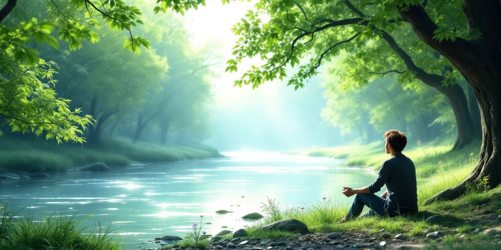 Person by a river in a peaceful landscape.