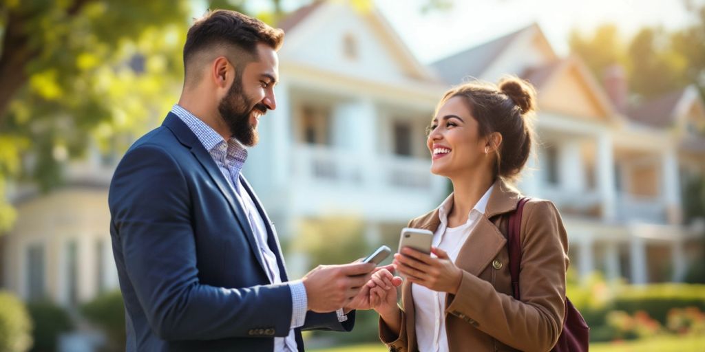 Real estate agent interacting with clients in a sunny neighborhood.