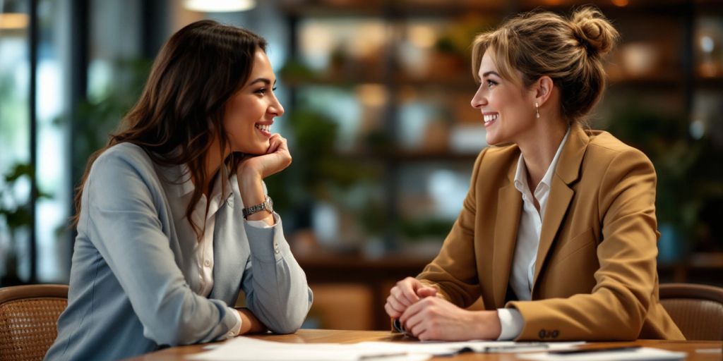 Two businesspeople conversing in a warm professional setting.