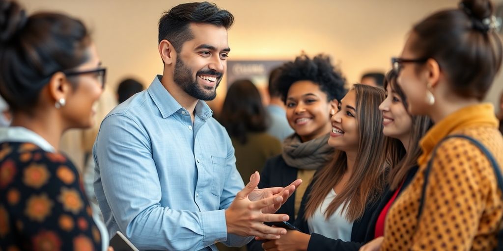 A salesperson interacting with interested customers.