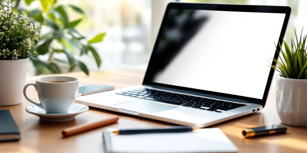 A laptop and notebook on a wooden desk.