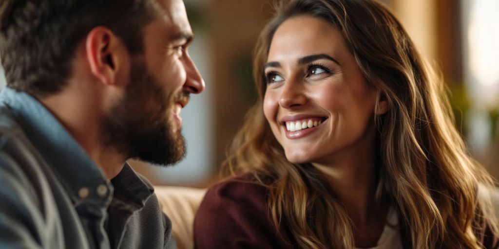 Two people talking and smiling in a warm setting.