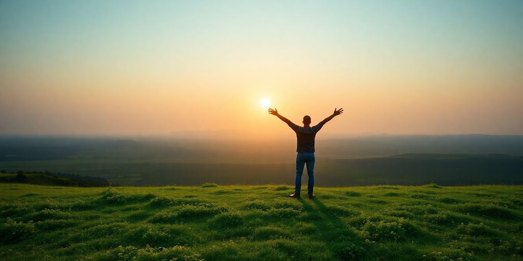 Entrepreneur standing in a sunrise landscape, arms raised.