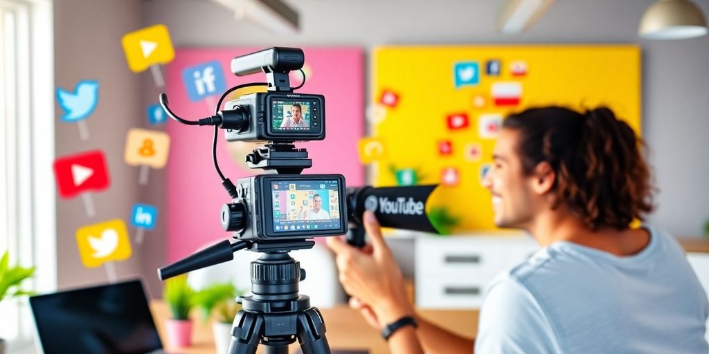 Person filming a YouTube video with social media icons.