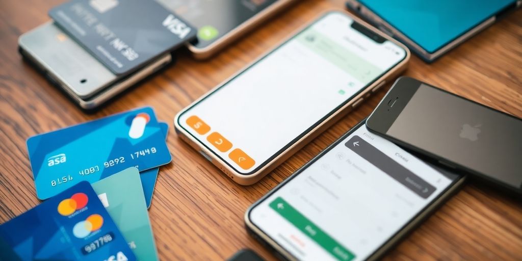 Different secure payment methods on a wooden table.