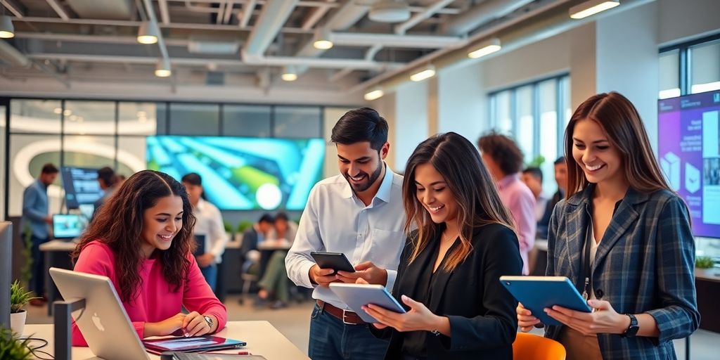 Diverse users interacting with modern digital devices in a workspace.