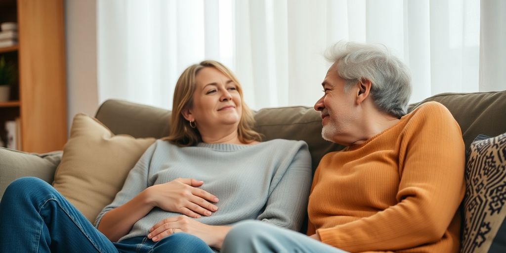 Two friends in a heartfelt conversation on a couch.