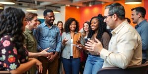 Diverse people collaborating in a modern, vibrant setting.