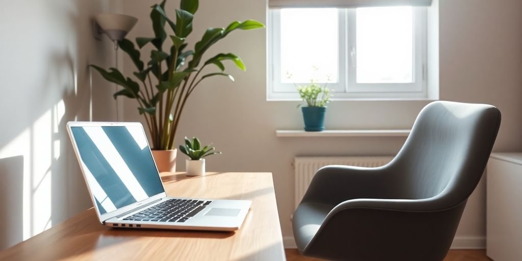 Home office setup with laptop and potted plant.