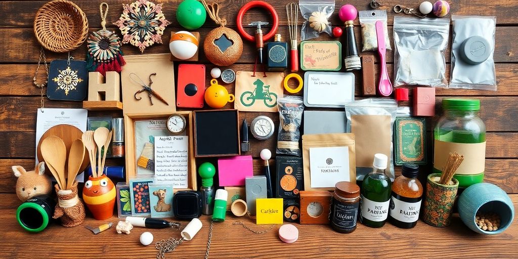 Collage of unique niche products on a wooden table.