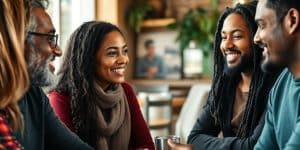 Diverse people in a cozy café sharing a conversation.