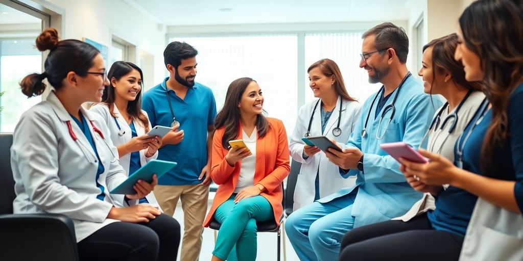 Healthcare professionals engaging with patients in a clinic.